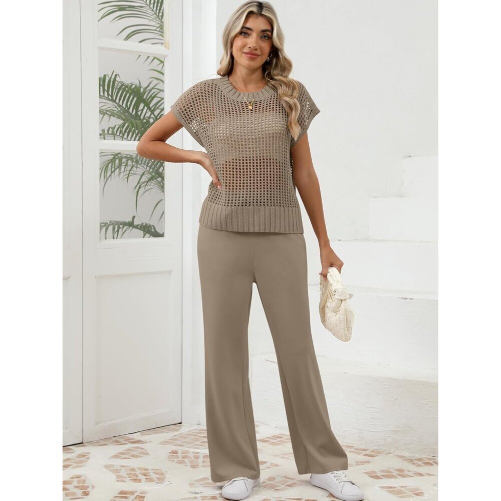 Women Crochet Sheer Knit Sweater Top Wide Leg Pants Lounge Sets Medium - Picture 2 of 7